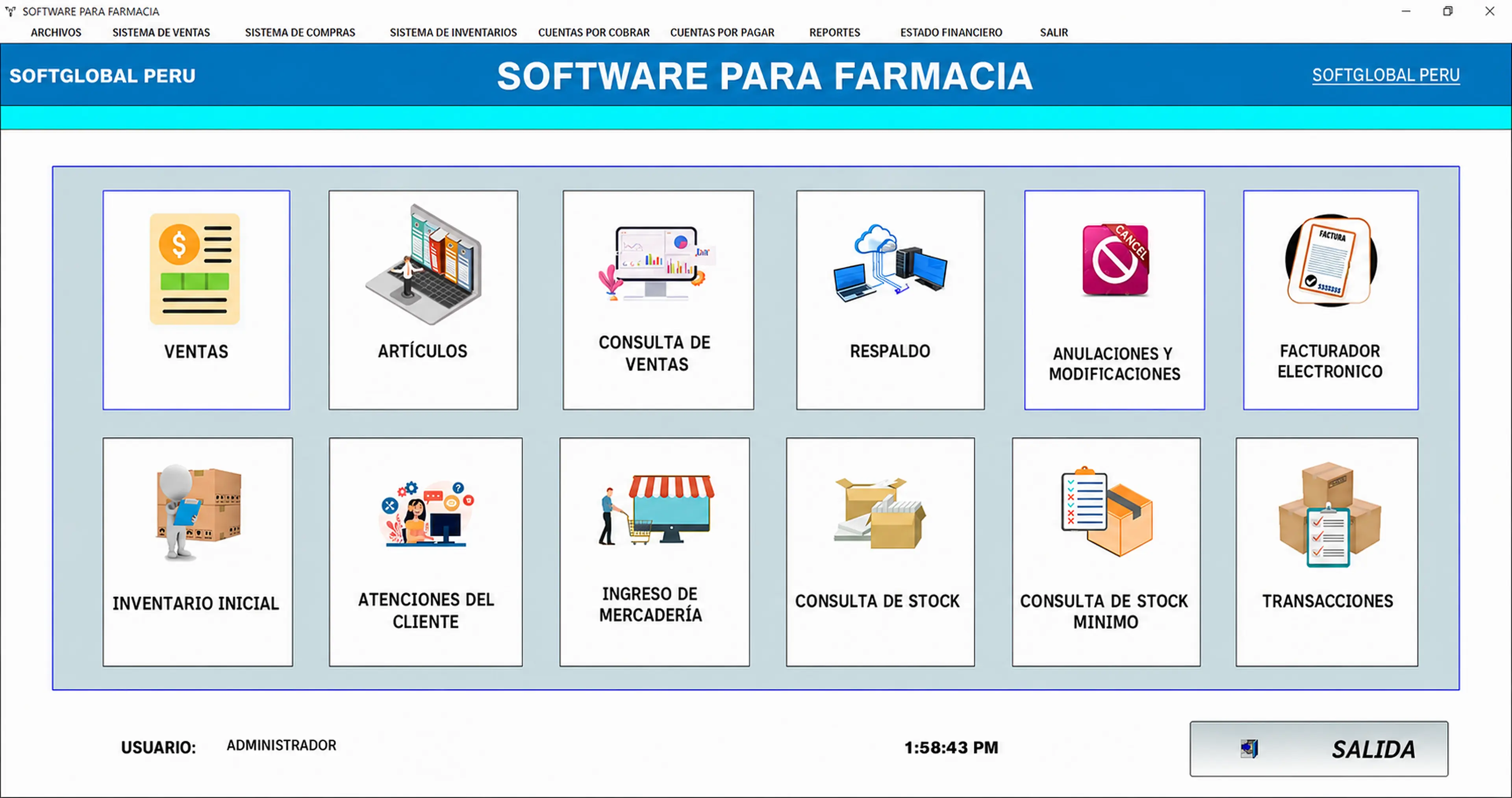 Menú principal del software para farmacia SoftGlobal Perú